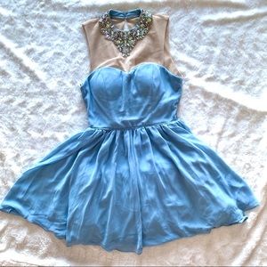 CITY STUDIO embellished rhinestones illusion neckline puffy mini dress